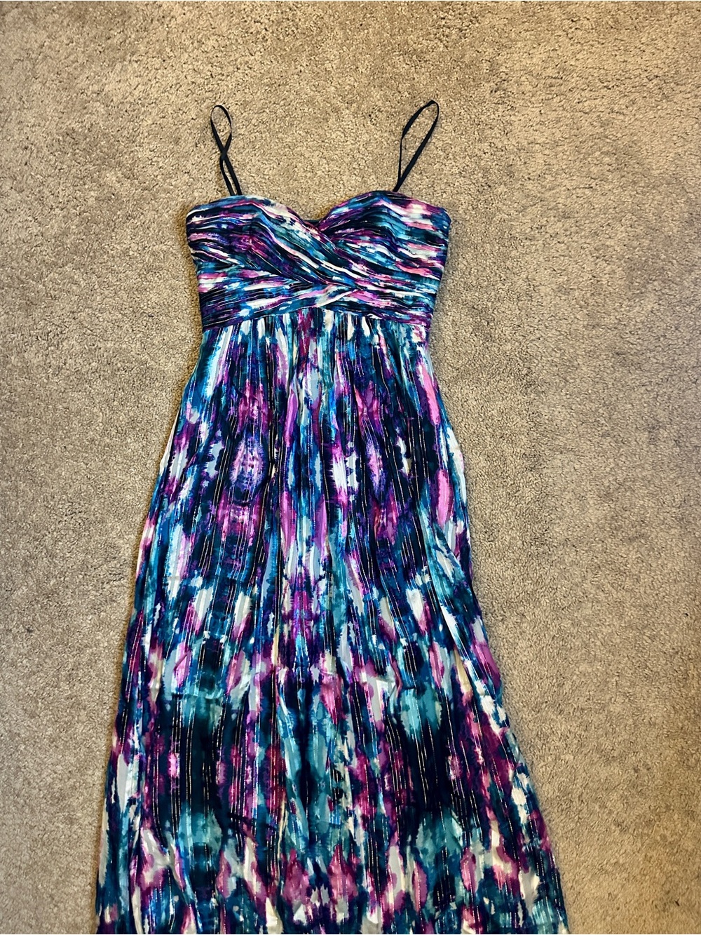 Laundry By Shelli Segal Strapless Maxi Dress in Teal, Purple & Black Tie-Dye